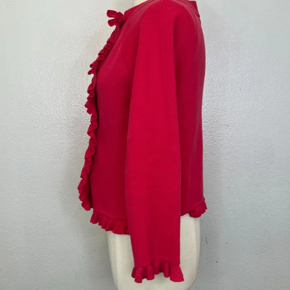 J CREW‎ Womens Pinkish Red Cardigan Sweater DOUBLE BREASTED Ruffled size Medium